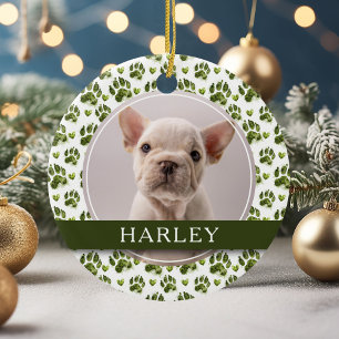 Custom Green Pet Paw Print 2 Photo Ceramic Ornament