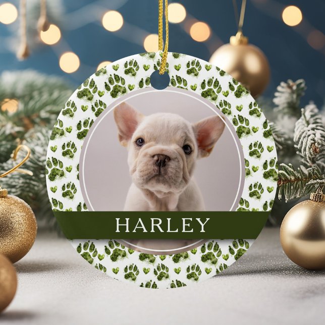 Custom Green Pet Paw Print 2 Photo Ceramic Ornament (Creator Uploaded)