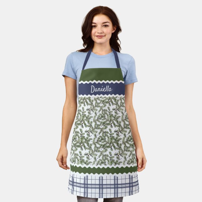 Custom Green Pine Needles Blue Juniper Berries Apron (Worn)