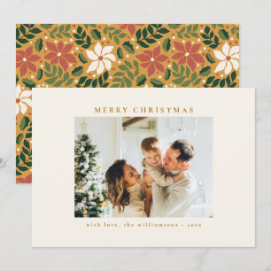 Custom Green Red Yellow Floral Photo Christmas Holiday Card