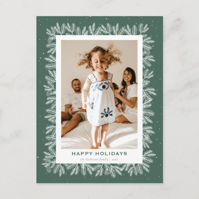Custom Green Rustic Pine Snow Photo Happy Holiday Postcard (Front)