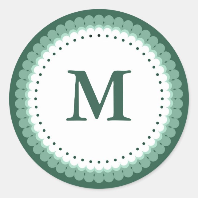 Custom Green Scalloped Monogram Classic Round Sticker (Front)