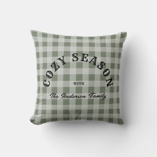 Custom Green Script Rustic Western Gingham Pattern Throw Pillow (Front)