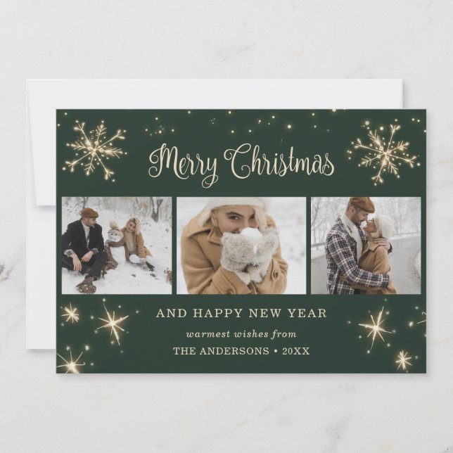 Custom Green Sparkly Snowflake Photo Collage Holiday Card (Front)