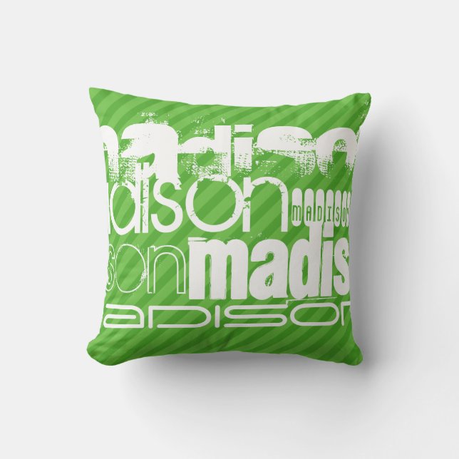 Custom Green Stripes & White Custom Name Pattern Throw Pillow (Front)