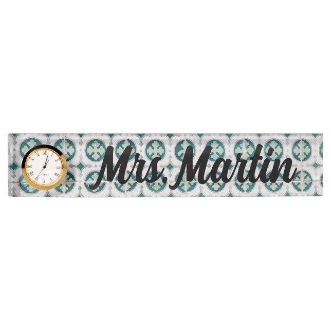 Custom Green Vintage Portuguese Tile Clock Nameplate (Front)