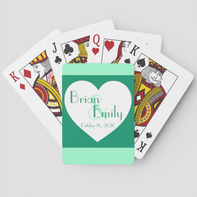 Custom green white heart wedding playing cards (Back)