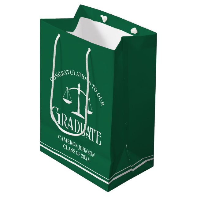 Custom Green White Law School Graduation Party Medium Gift Bag (Front Angled)