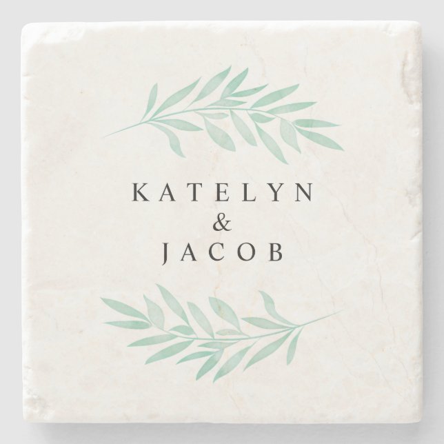 Custom Greenery Mint Watercolor Stone Coaster (Front)