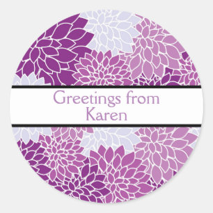 Custom "Greetings From"   Shades of Purple Floral Classic Round Sticker