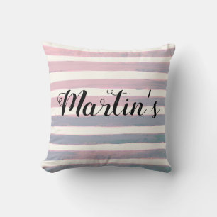 Custom Grey and Pink Striped Pattern Throw Pillow