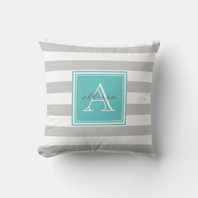 CUSTOM Grey Aqua Monogrammed Awning Stripe Throw Pillow (Front)