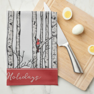 Custom Grey Birch Trees and Red Cardinal Birds Kitchen Towel
