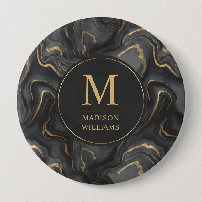 Custom Grey Black and Gold Glitter Marble Pattern  4 Inch Round Button (Front)