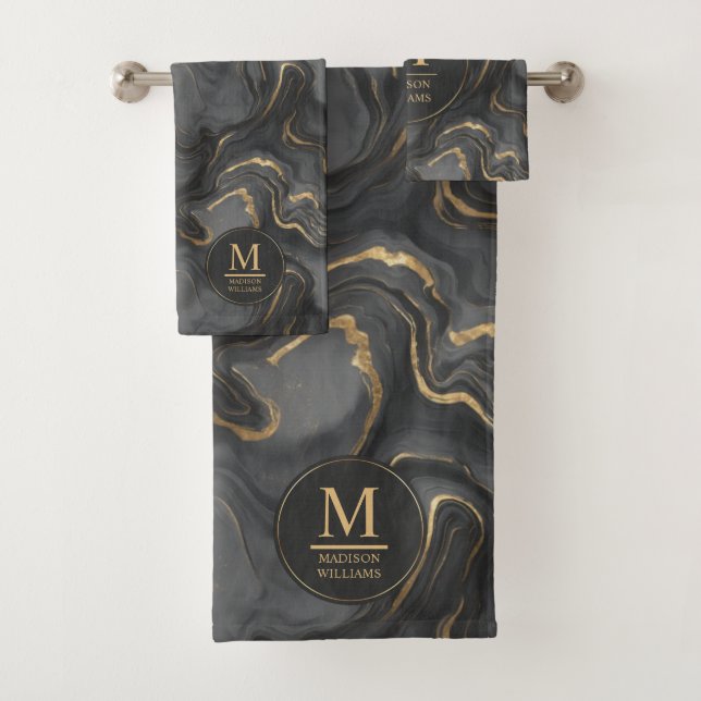Custom Grey Black and Gold Glitter Marble Pattern  Bath Towel Set (Insitu)