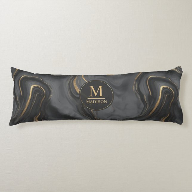 Custom Grey Black and Gold Glitter Marble Pattern  Body Pillow (Front)