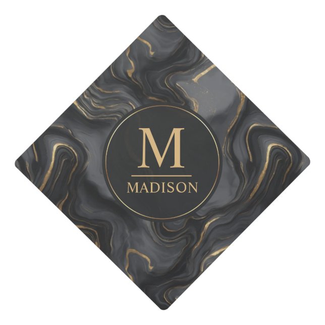 Custom Grey Black and Gold Glitter Marble Pattern  Graduation Cap Topper (Front)