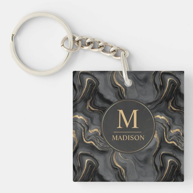 Custom Grey Black and Gold Glitter Marble Pattern Keychain (Front)