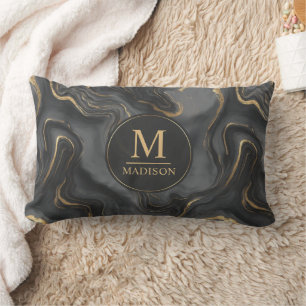Custom Grey Black and Gold Glitter Marble Pattern Lumbar Pillow