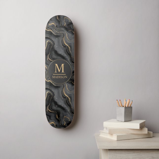 Custom Grey Black and Gold Glitter Marble Pattern Skateboard (Wall Art)