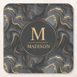 Custom Grey Black and Gold Glitter Marble Pattern Square Paper Coaster