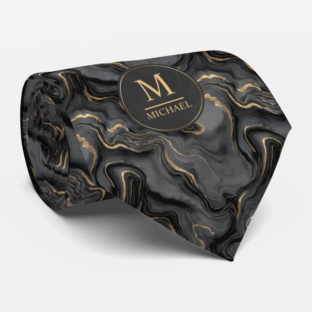 Custom Grey Black and Gold Glitter Marble Pattern Tie (Rolled)
