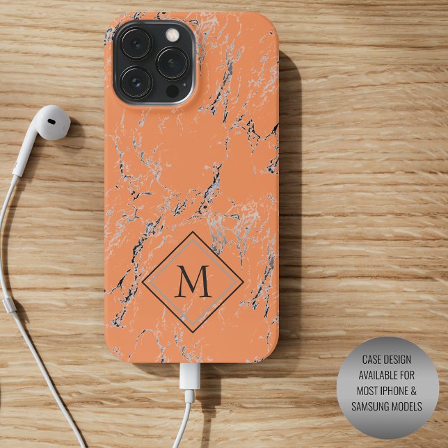 Custom Grey Black Marble Pattern On Salmon Orange Case-Mate iPhone Case (Creator Uploaded)