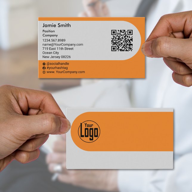 Custom Grey Black Orange QR-code Social Landscape Business Card (Custom Gray Black Orange QR-code Social Landscape Business Card)