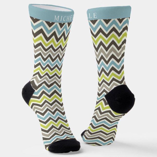 Custom Grey Black White Blue Green Chevron Pattern Socks (Angled)