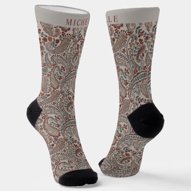 Custom Grey Brown Red Paisley Pattern Socks (Angled)