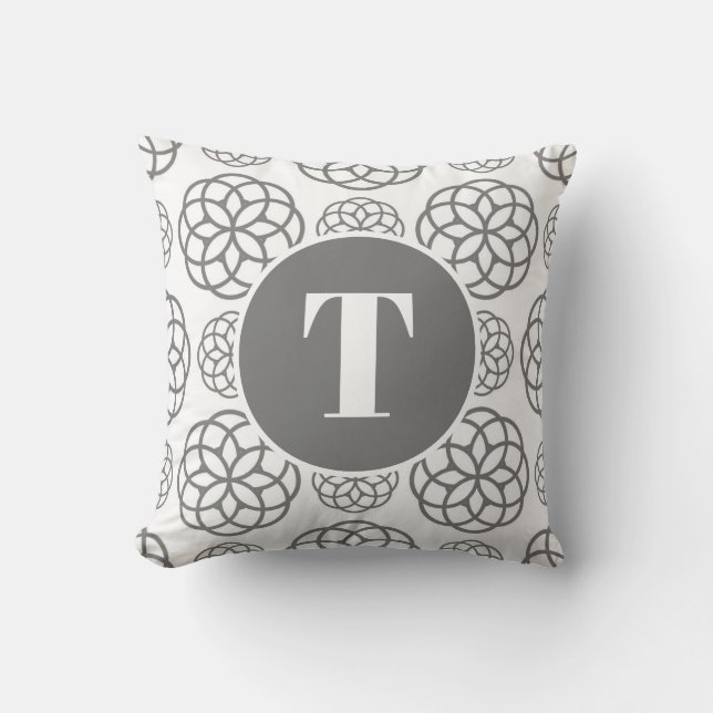 Custom Grey Circle Pattern Monogrammed Throw Pillow (Front)