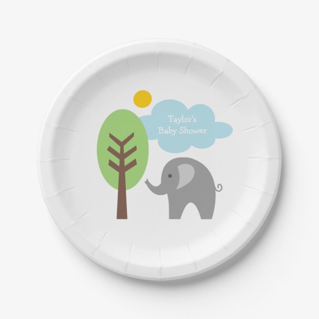 Custom grey elephant disposable baby shower plates (Front)