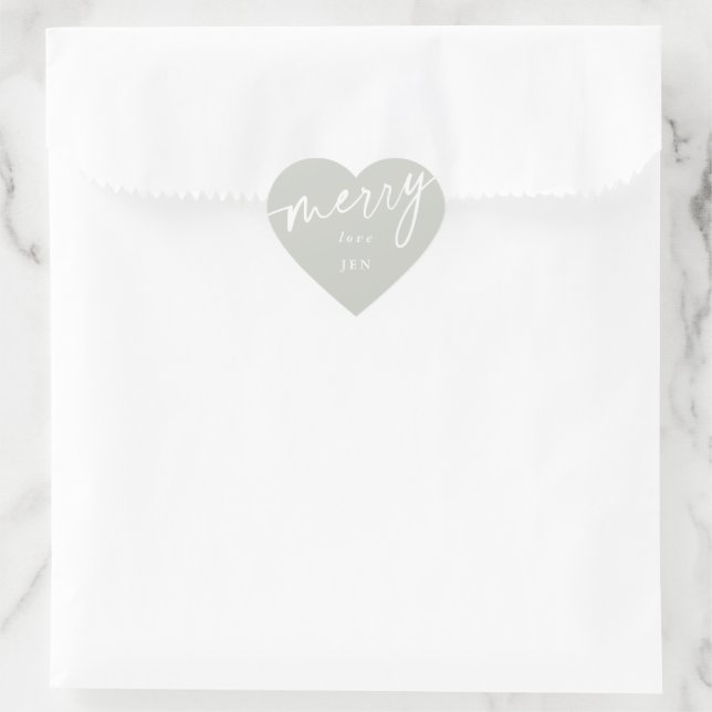 Custom Grey-Green+White 'Merry' Christmas/Holiday Heart Sticker (Bag)