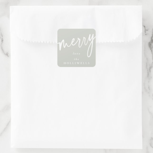 Custom Grey-Green+White 'Merry' Christmas/Holiday Square Sticker (Bag)