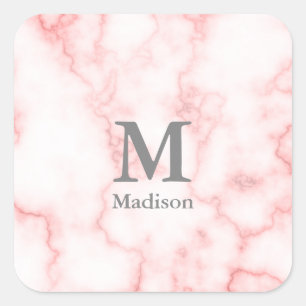 Custom Grey Monogram and Name on Faux Pink Marble Square Sticker