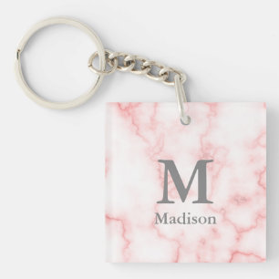 Custom Grey Monogram and Name on Pink Marble Look Keychain