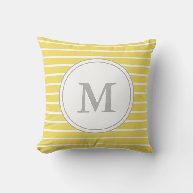 Custom Grey Monogram with Yellow and White Stripes Outdoor Pillow (Front)