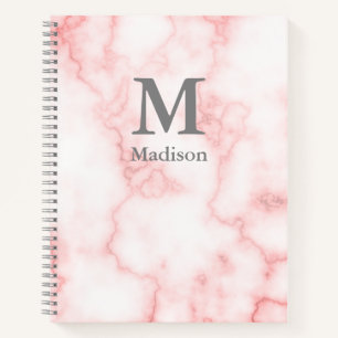 Custom Grey Name and Monogram on Pink Marble Look Notebook