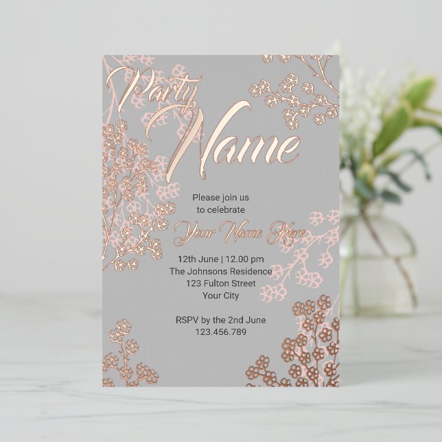 Custom Grey Pink Elegant Floral Blooming Party (Standing Front)