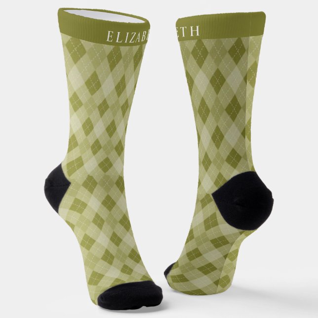 Custom Grey Sage Olive Green  Argyle Pattern Socks (Angled)