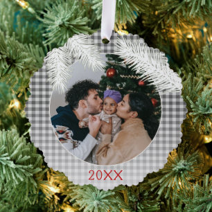 Custom Grey White Plaid Gingham Pattern Ornament Card