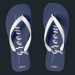 Custom Groom Navy Blue Wedding Party Flip Flops<br><div class="desc">Custom Groom simple navy blue wedding party flip flops with wide straps and customizable text - you can add Groom's name</div>