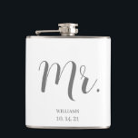 Custom Groom Script Wedding Hip Flask<br><div class="desc">A modern white and grey personalized script custom Mr. Groom name wedding dated flask. Personalize this for a wedding party gift keepsake,  and or an engagement gift.</div>