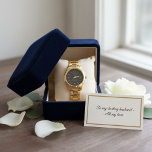 Custom Groom Wedding Gift Elegant Gold & Charcoal Watch<br><div class="desc">Celebrate the groom with a timeless keepsake he can wear on the wedding day and for years to come. This sophisticated wrist watch features a polished gold-tone stainless steel finish and a modern charcoal grey face. Personalize it with the "GROOM" title and your specific wedding date for a truly unique...</div>
