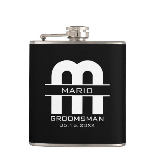 Custom Groomsman Best Man Wedding Monogram Black  Hip Flask