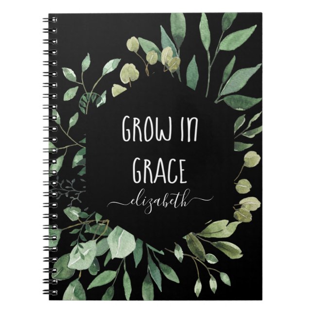 Custom Grow In Grace Watercolor Greenery Christian Notebook (Front)