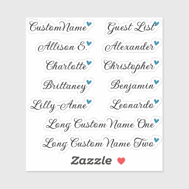 Custom Guest List 12 Names Calligraphy Blue Heart (Sheet)