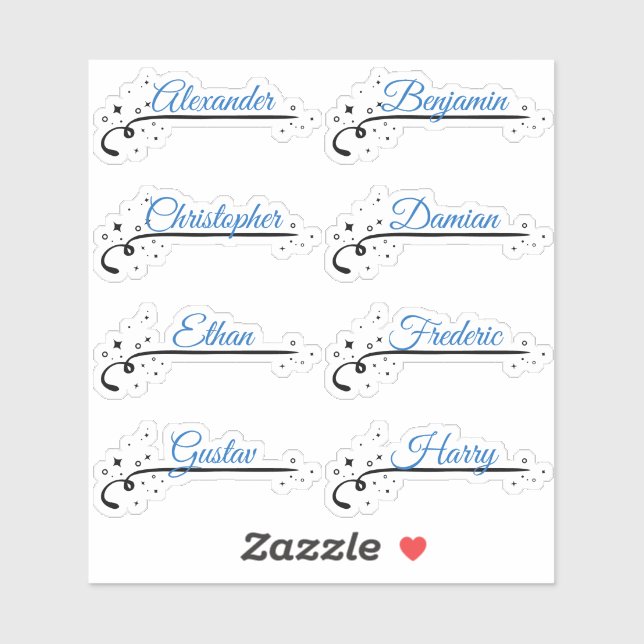 Custom Guest List 8 Names Blue Calligraphy Stars (Sheet)