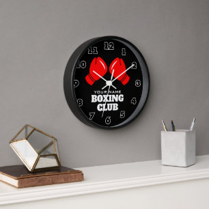 Custom gym wall clock with red boxing gloves logo