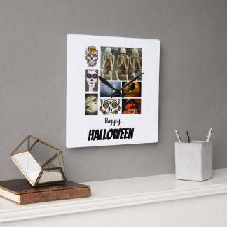 Custom Halloween 8 Photo Collage    Square Wall Clock